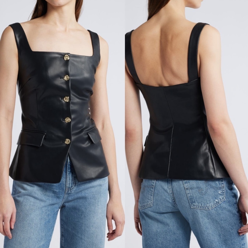 NWT PIXIE MARKET Agatha faux leather vest top in Black w/ golden buttons size XS